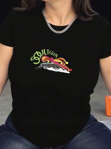 Camiseta Casual de Cuello Redondo con Estampado de Tren de Vapor de Dibujos Animados - Camiseta de Manga Corta para Mujer, Estilo Y2K, Cómoda para Todas las Temporadas, Lavable a Máquina, Atuendo Moderno con Tela de Alta Calidad[1] - Negro - Ver 3