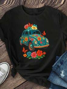 Camiseta Vintage para Mujer con Estampado Floral Turquesa, Tejido Suave, Elástico y Transpirable, Cuello Redondo Retro, Ideal para Fiestas Temáticas Diarias, Camiseta Casual para Todas las Temporadas con Diseño Floral de Coche Clásico, Camisetas Vintage para Fiestas, Ajuste Cómodo, Moda de Temporada, Patrón Geométrico, Camiseta Ligera de Manga Corta para Amantes de la Moda - Negro - Ver 6