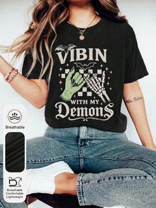 1 Piece Women's Plus Size Summer Short Sleeve T-Shirt With Round Neck, Letter And Bat Print, Casual, Versatile, For Everyday Wear, Black, 180g, 100% Cotton. - 黑色 - 查看 2