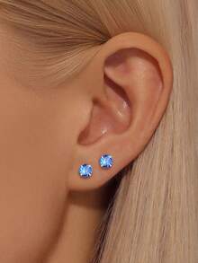 1 Pair S925 Sterling Silver Mini Sparkling Blue Zirconia Stud Earrings, Minimalist Design, Niche Elegant, Suitable For Women's Daily Commute, Vacation, Party, Can Be Stacked, Fashionable And Personalized Accessory For Pierced Ears - Drill - View 6