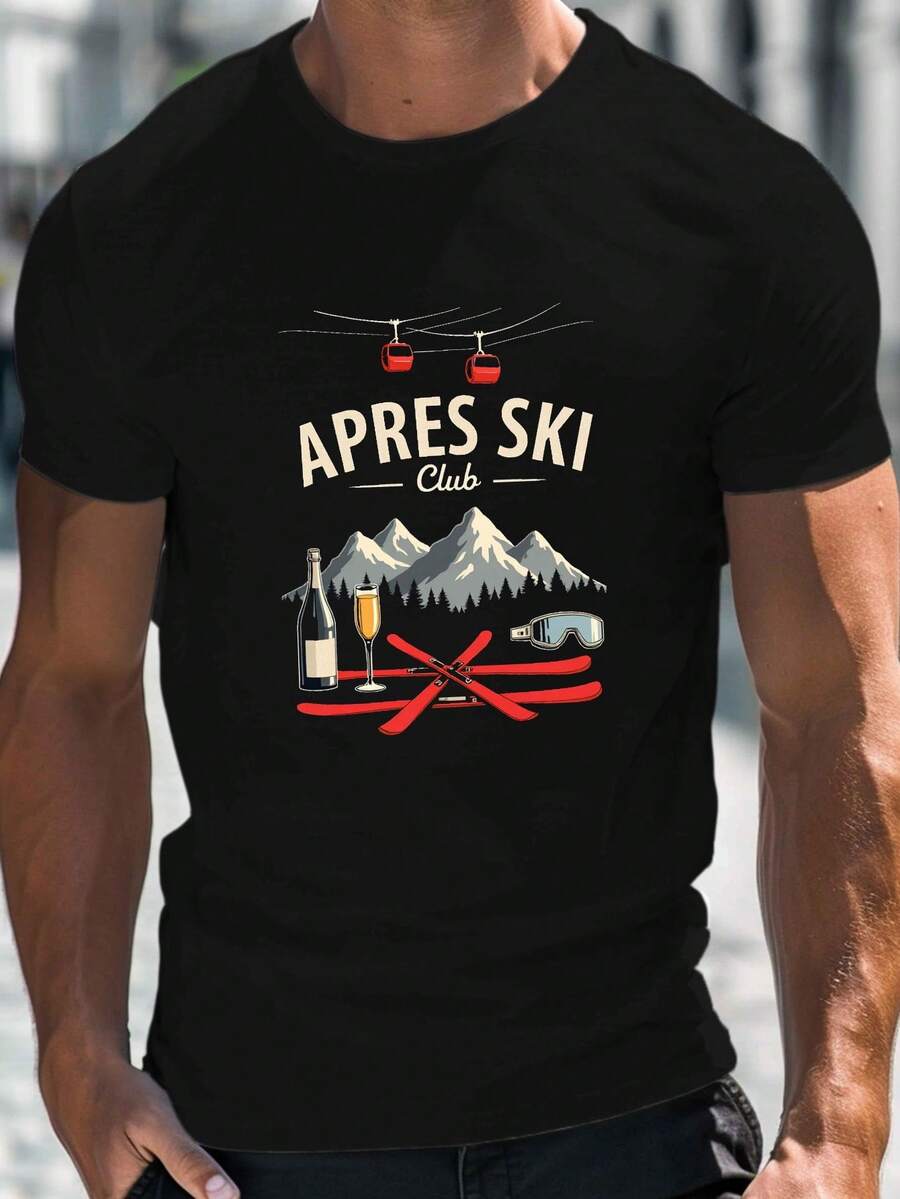 Herr-T-shirt med kort ärm, rund hals och APRES SKI Club-tryck, en lätt och avslappnad topp perfekt för sommaren. Ledig och bekväm. - En bild hur - Visa 1