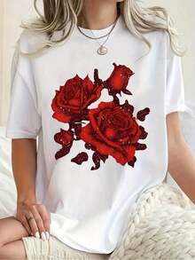 Camiseta Casual de Manga Corta para Mujer Talla Grande - Estampado Geométrico de Rosas Rojas Vibrantes sobre Fondo Blanco, Cuello Redondo, Top de Primavera/Verano, Lavable a Máquina, Ajuste Cómodo para Uso Diario, Blusa de Manga Corta, Camiseta de Corte Relajado, Camiseta con Diseño Atrevido, Tela de Fácil Cuidado - Blanco - Ver 6