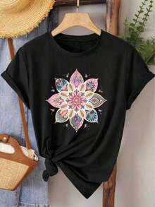 100% Cotton Elegant Women's Short-Sleeved T-Shirt With Mandala Print | Modern Vintage Style, Medium Stretch Fabric, Ideal For Spring, Summer, And Autumn, Versatile For Everyday Wear And Casual Outings, Sizes S-XXL - 黑色 - 查看 6