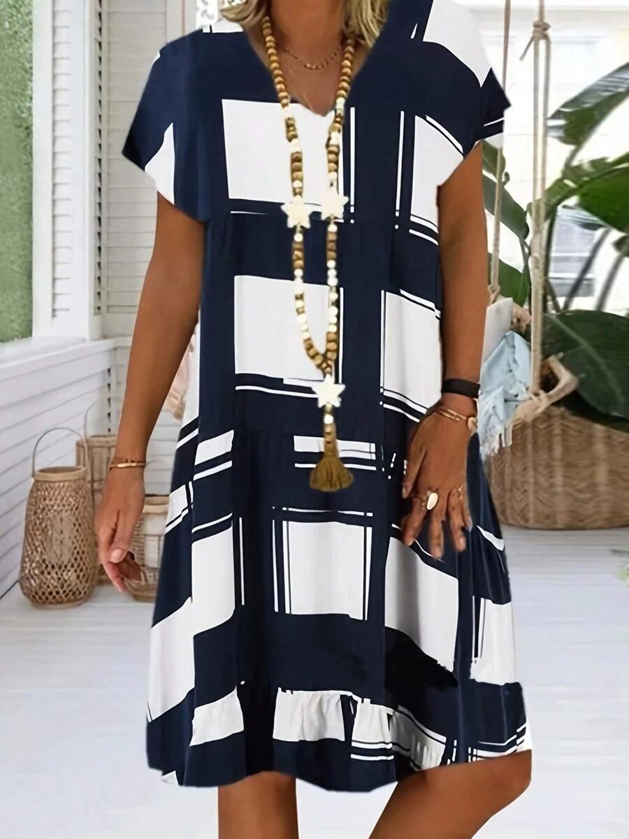 Vestido de verano de manga corta con estampado geométrico de moda para mujer - Azul marino - Ver 1