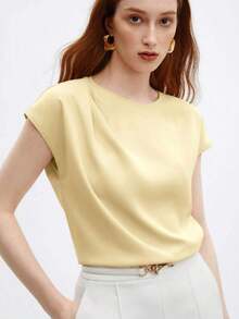 Blusa de satén de corte holgado con mangas acampanadas para mujer, elegante y versátil para ocasiones urbanas románticas, formales, de viaje, como invitada de boda, cumpleaños, casual de negocios, citas, aeropuerto, regreso a clases, uso en la ofi - Amarillo - Ver 1