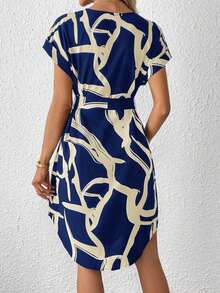 Vestido casual para primavera/verano de mujer con cuello de solapa, estampado y cinturón - Azul marino - Ver 2