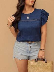 Blusa de cuello redondo con textura y volantes, de estilo casual para tallas grandes de verano - Azul marino - Ver 5