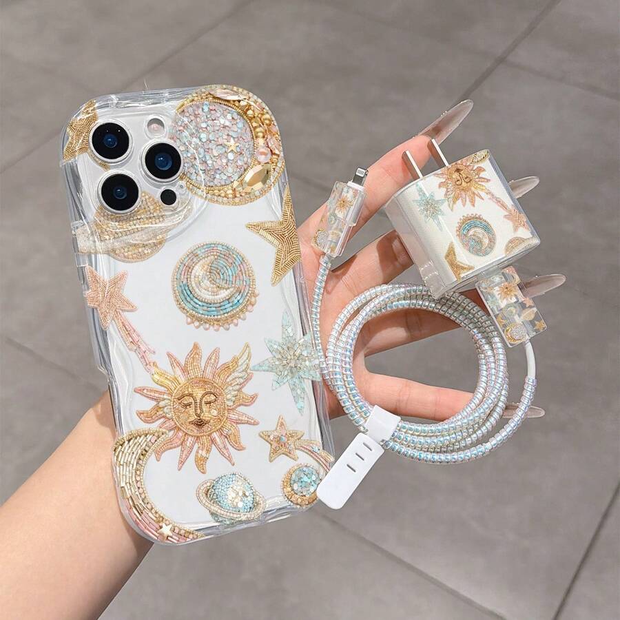 6合1奶油殼透明星球圖案手機殼 + 充電頭保護套 + 線材保護套 + 收納繩 + 數據線纏繞繩 TPU防震保護殼,適用於 6/7/8/X/XS/XR/XS Max/11/12/13/14/15/16 Pro Max,適合作為情侶、女性、女兒、女友、青少年的生日與聖誕禮物 - 彩色 - 查看 1