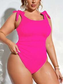 1 pieza Traje de baño de una sola pieza con fruncido de unicolor, estilo de vacaciones en la playa de verano para tallas grandes - Rosa Fucsia - Ver 7