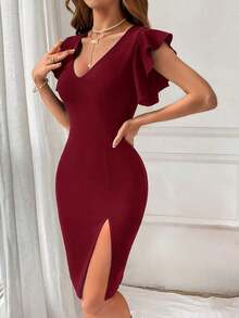 Vestido sencillo de manga acampanada con volantes laterales divididos para uso diario de mujer - Rojo - Ver 4