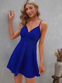 Vestido de tirantes unicolor fruncido - azul real - Ver 5