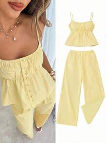 Conjunto de 2 piezas de camiseta de tirantes y pantalones a rayas de moda casual para mujer - Amarillo - Ver 1