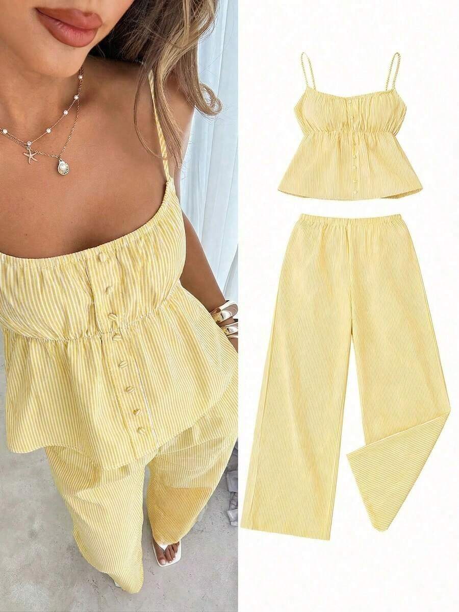Conjunto de 2 piezas de camiseta de tirantes y pantalones a rayas de moda casual para mujer - Amarillo - Ver 1