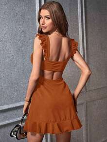 Vestido ribete con fruncido con abertura de espalda abierta - Marrón - Ver 7