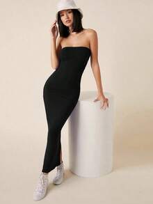 BASICS Vestido Sólido Ceñido Al Cuerpo Casual Para Cena Y Cita - Negro - Ver 5