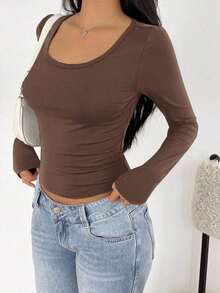 Camiseta de manga larga de ajuste ceñido con cuello alto y mangas raglán, estilo minimalista casual para mujer, primavera/otoño - Marrón - Ver 7