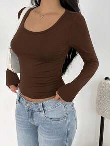 Camiseta de manga larga de ajuste ceñido con cuello alto y mangas raglán, estilo minimalista casual para mujer, primavera/otoño - Café integral - Ver 4