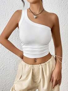 Top Sólido Del Color De La Mujer Sin Mangas Con Un Hombro Descubierto - Blanco - Ver 3