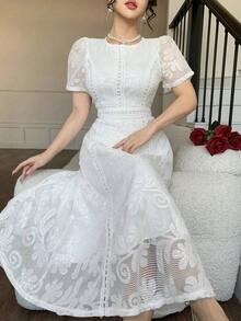 Vestido corto con adorno de encaje en las mangas, vestido mini elegante y refinado - Blanco 4 - Ver 3