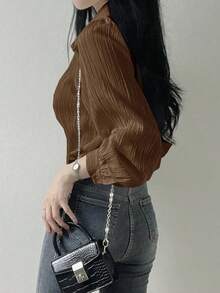 Blusa suelta de unicolor con cuello vuelto y pliegues para mujer, color morado, para primavera/verano/otoño, ropa de mujer de manga larga - Café integral - Ver 2