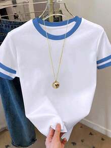 Camiseta de mujer de manga corta con cuello redondo y bloque de color, casual de verano - Blanco 2 - Ver 7