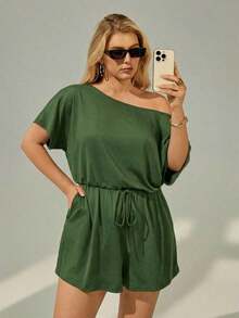 Mono de talla grande para mujer, ropa de verano, shorts, hombros descubiertos y graciosos, conjunto de verano para mujer, atuendo de rave de festival, conjunto de verano para vacaciones de mujer, mono casual de mujer - Verde Oscuro - Ver 3