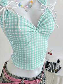 Top a cuadros sin mangas para mujeres con escote de corazón y nudo delantero - verde menta - Ver 8