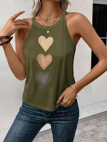 Top sin mangas con estampado de corazón, adecuado para el verano, top ajustado de mujer para volver al colegio, casual - Verde militar - Ver 3