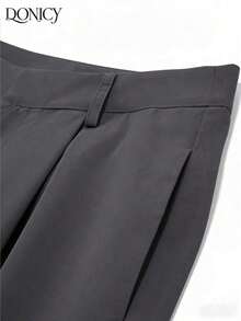 Pantalones rectos de cintura alta de unicolor con pliegues para mujer, suaves y cómodos, versátiles y elegantes para uso casual urbano, adecuados para uso diario casual, citas, fiestas, San Valentín, carnaval y oficina - Gris Oscuro - Ver 3