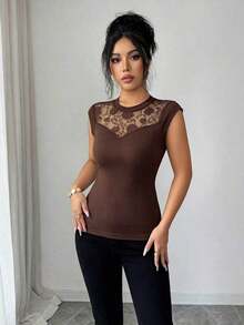 de mujer con cuello redondo, elegante, con parches de encaje, adecuada para uso diario, otoño/invierno y primavera/verano - Marrón - Ver 6