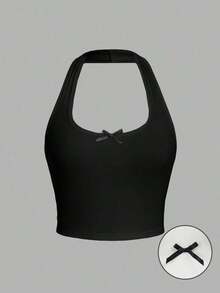 Top camisero de mujer casual sin mangas con lazo, ajustado, apropiado para el verano - Negro - Ver 1