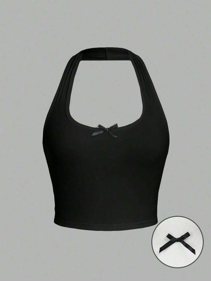 Top camisero de mujer casual sin mangas con lazo, ajustado, apropiado para el verano - Negro - Ver 1