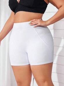 Shorts de bikini de talla grande para playa de verano de unicolor con bolsillo - Blanco - Ver 5