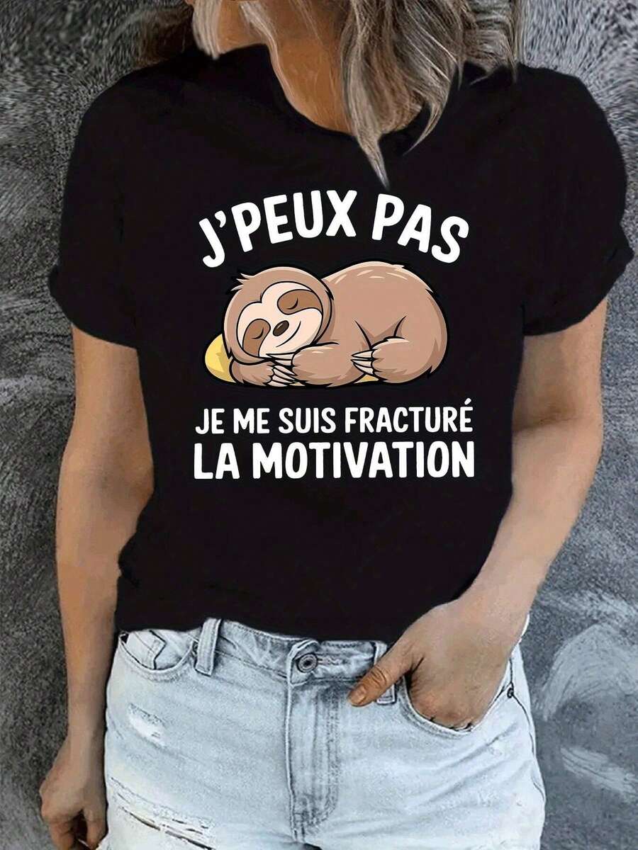 Camiseta de perezoso francés para mujer S-2XL - Top con cita francesa humorística y estampado de perezoso | Camiseta transpirable de manga corta y cuello redondo adecuada para uso casual, fiestas, atuendos diarios - Atuendo de primavera, verano y otoño con frases en francés (lavable a máquina) - [Negro] - Ver 1