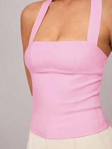 Camiseta de mujer de unicolor con cuello de halter ajustado - Rosa Pálido - Ver 4