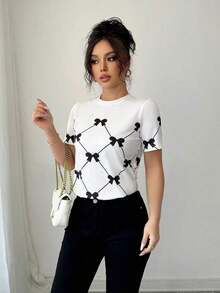 Camiseta casual versátil de rayas con gráficos para mujeres - Blanco y Negro 2 - Ver 3