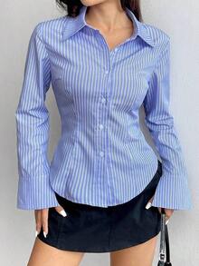 Camisa de manga larga casual a rayas que ciñe la cintura, apta para primavera/verano/otoño, tops de manga larga - Multicolor 6 - Ver 6