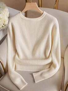 Elegante camiseta de punto de cuello redondo, top de punto minimalista de moda, otoño/invierno - Albaricoque 3 - Ver 2