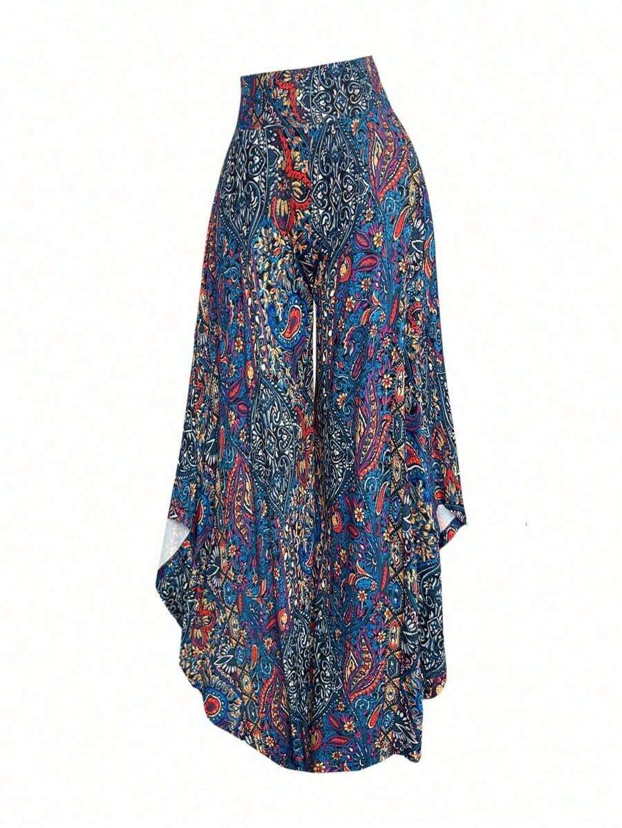 Pantalones anchos con bajo asimétrico y estampado de paisley casuales para uso en resort para mujer - Multicolor - Ver 1