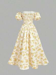 Vestido midi con hombros descubiertos, mangas abullonadas y estampado floral, primavera - amarillo ganso - Ver 2