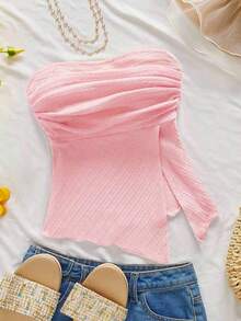 tubo fruncido de estilo elegante, romántico y elegante en color amarillo, apropiado para fiestas, vacaciones en la playa, regreso a la escuela, citas románticas, temporada de bodas, cumpleaños, Pascua, vestimenta de primavera/verano - Rosa Pálido - Ver 1