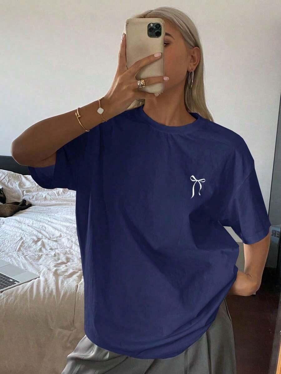Women's Loose-Fitting, Long-Sleeved, Round-Neck, Solid-Color T-Shirt For Summer - Dark Blue - View 1
