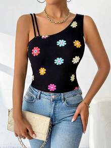 Blusa ajustada sin mangas con cuello asimétrico y estampado floral, para verano - Multicolor - Ver 7