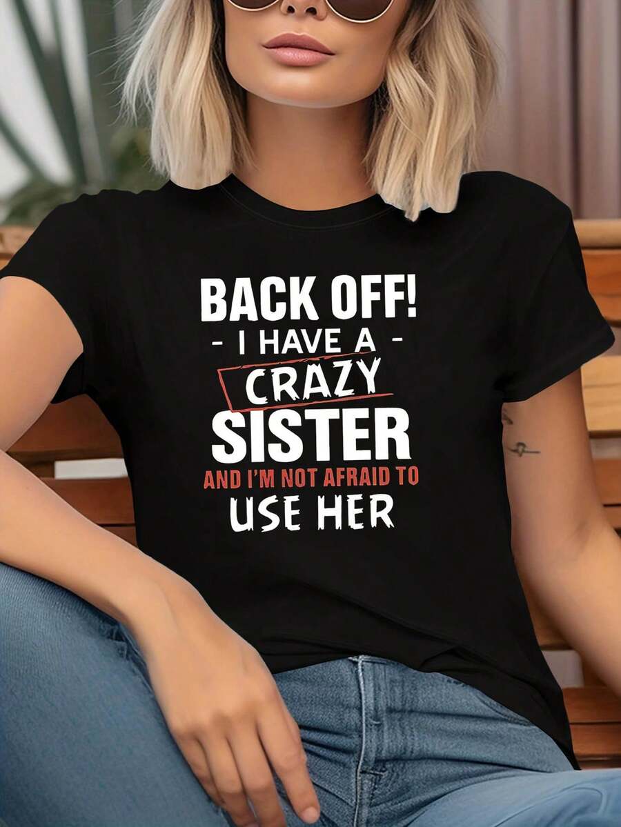 Funny T-Shirt For Women With Sister Theme - Decorated With Humorous Phrases, Casual Short Sleeve, Red-White, Eye-Catching For Sister Get-Togethers, Everyday Casual Top - 黑色 - 查看 1