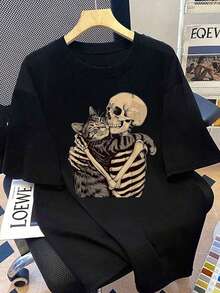 Women's Plus Size Casual Crew Neck T-Shirt With Skull And Cat Print, Suitable For Summer Vacation, Beach, Holidays, Spring, Valentine's Day, Carnival, Mother's Day Gift In Black - 黑色 - 查看 8