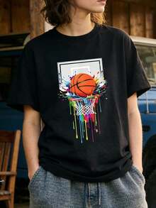 Women's Summer Clothing, Casual Soft Cotton T-Shirt With Round Neck, Colorful Ink Splatter Basketball Art Print. White. - 黑色 - 查看 2