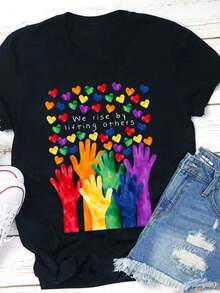 Camiseta con Estampado de Letras, Cuello Redondo, Manga Corta, Estilo Casual, Primavera y Verano, Moda Casual, Camiseta para Mujer - Negro - Ver 6