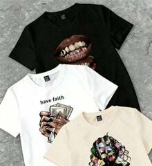Single Item, Not A 3-Piece Set. A Unisex, Loose-Fitting, Printed T-Shirt. Featuring A Tropical Print, This Simple Yet Stylish Piece Is An Essential For A Relaxed Holiday Look, Perfect For Occasions Like Halloween And Mexican Independence Day. | Exquisite Design | Loose And Comfortable | Easy To Match | - Black - View 1