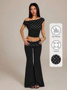 Pantalones acampanados con cintura plegable de color contrastante para mujer - Negro 4 - Ver 7