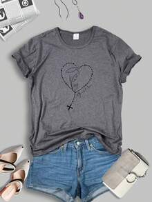 1 Piece Of New Short Sleeve Round Neck T-Shirt For Spring/Summer, With Virgin Mary Print And A Crossed Heart Pattern, Suitable For Women's Running Activities In Spring/Summer, Stylish And Fun, Comfortable, Soft And Breathable, Y2K Style, Short Sleeve Round Neck T-Shirt, 180g 100% Cotton. - 黑色 - 查看 10